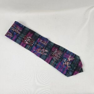 Vtg Addiction Mens Neck Tie Silk Purple Blue Playing Polo Horses Plaid Check